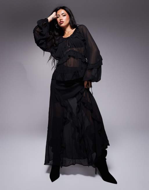River Island – Czarna szyfonowa spódnica maxi z falbankami