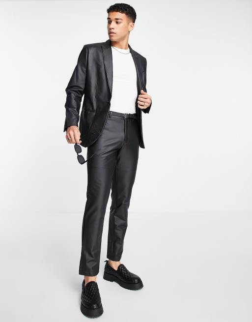 River Island – Czarne dopasowane spodnie garniturowe z poliuretanu