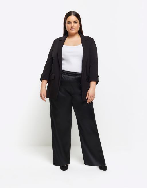 River Island – Czarne satynowe spodnie z szerokimi nogawkami 