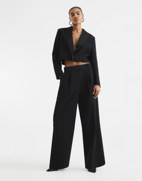 River Island wide leg tuxedo trouser in black