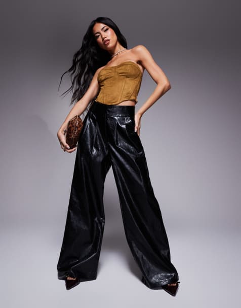 River Island faux leather wide leg trouser in black