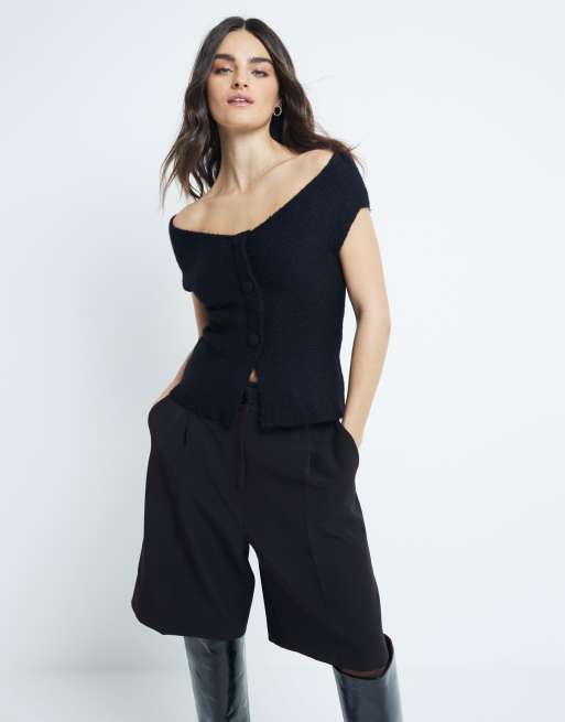 River Island – Czarny dzianinowy top z odsłoniętymi ramionami