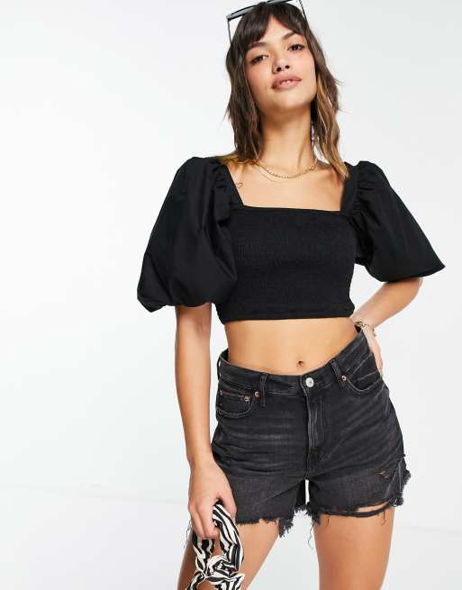 River Island – Czarny krótki top z bufkami