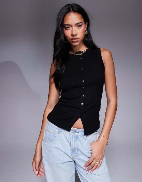 River Island – Czarny prążkowany top bez rękawów z zapięciem na guziki - view 1