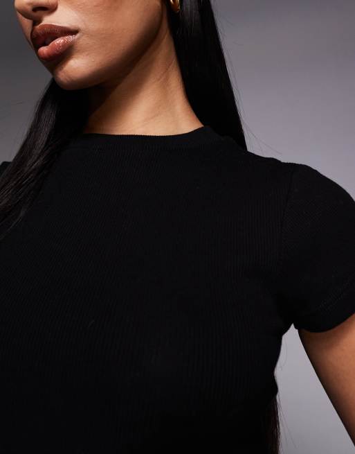 River Island – Czarny prążkowany top z krótkimi rękawami, 3 z 4