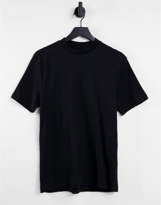 River Island – Czarny T-shirt o dopasowanym kroju z wysoko zabudowanym dekoltem