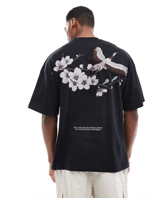 River Island – Czarny T-shirt oversize z wyhaftowaną grafiką z żurawiem