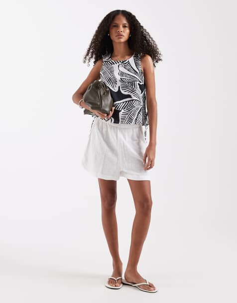River Island – Czarny top bez rękawów z mieszanki lnu we wzór w palmy, część zestawu - view 1