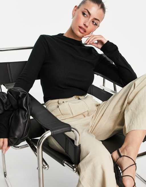 River Island – Czarny top z długim rękawem i wysokim dekoltem, ze szczotkowanego materiału