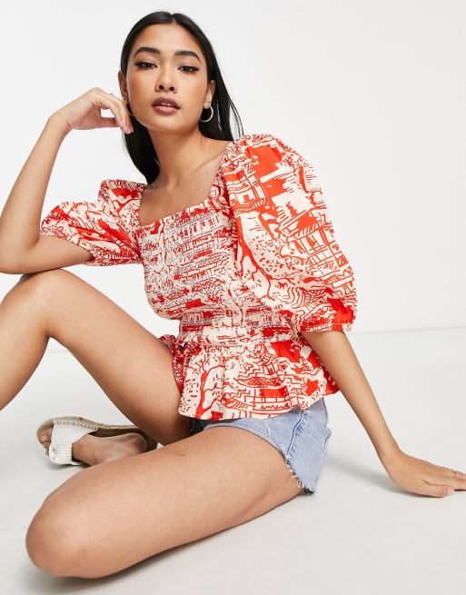 River Island – Czerwona marszczona bluzka ze wzorem z bufkami