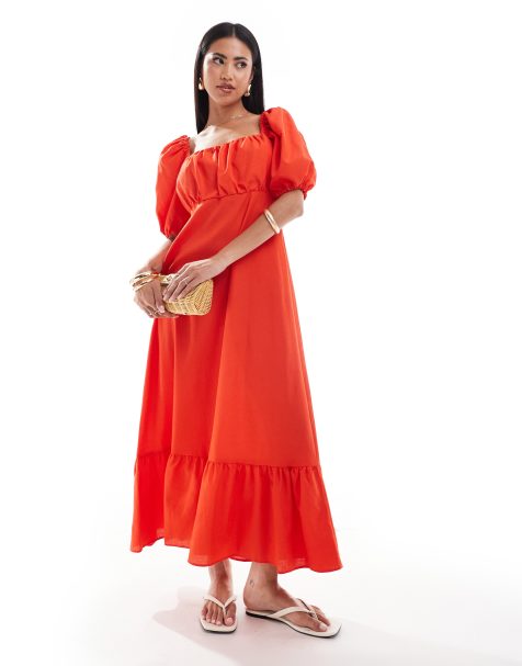 River Island – Czerwona sukienka midi w stylu milkmaid - view 1