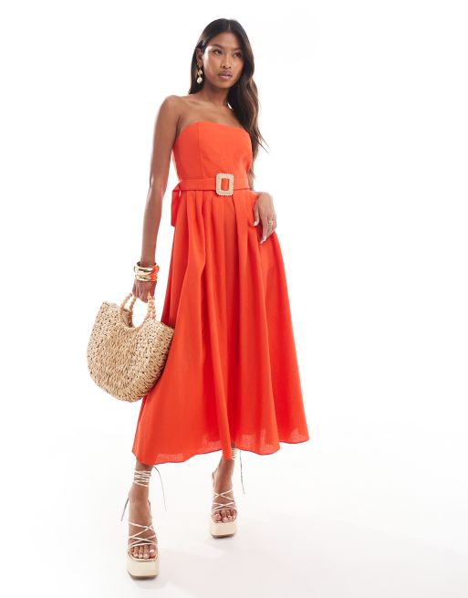 River Island – Czerwona sukienka midi z paskiem i dekoltem bandeau