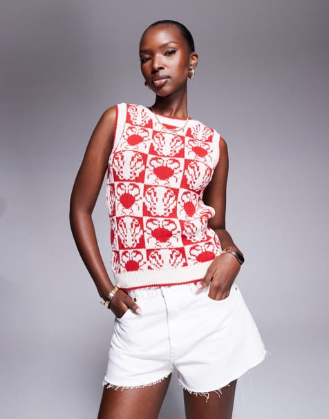 River Island – Czerwony top z dzianiny w muszle i kraby - view 1