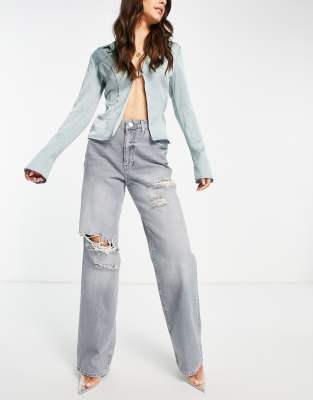 River Island dad jean with rip detailing in grey | ASOS