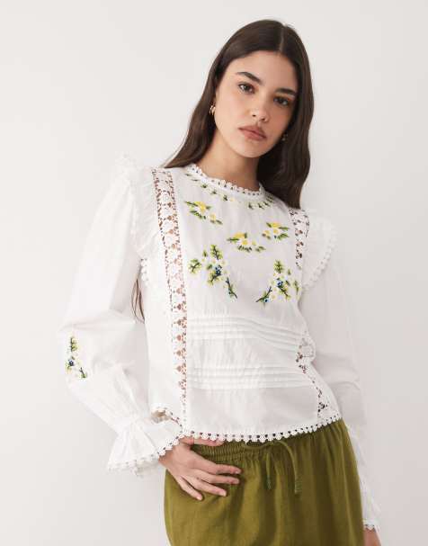 River Island daisy embroidered frill blouse in white - view 1