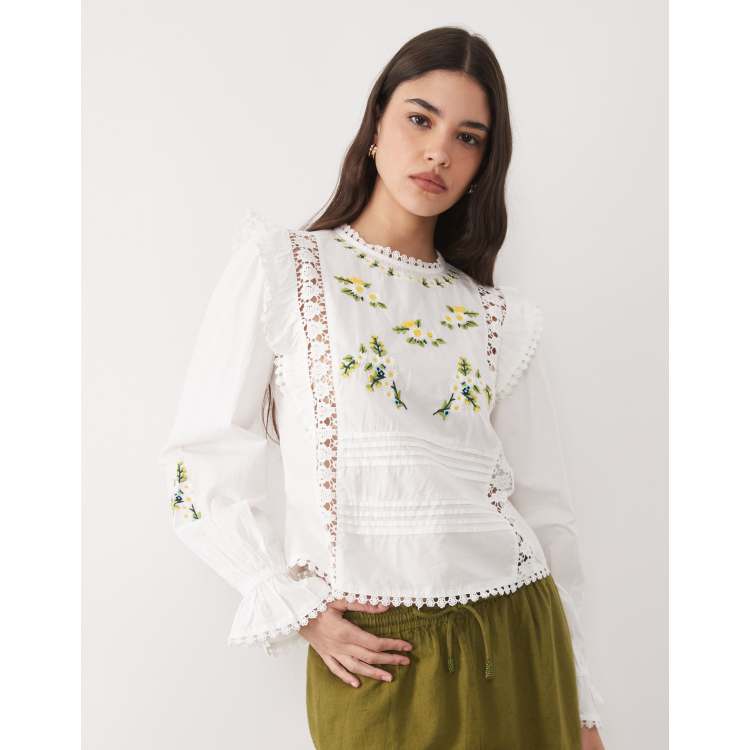 River Island daisy embroidered frill blouse in white | ASOS