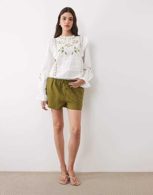 River Island daisy embroidered frill blouse in white | ASOS
