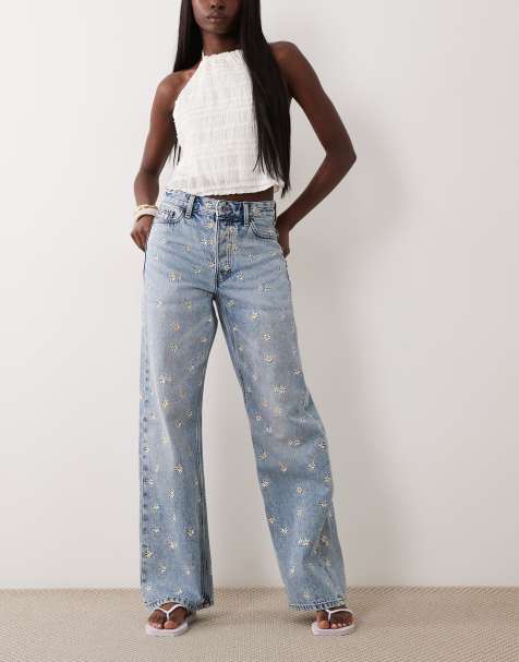 River Island daisy embroidered relaxed straight jeans in midwash blue - view 1