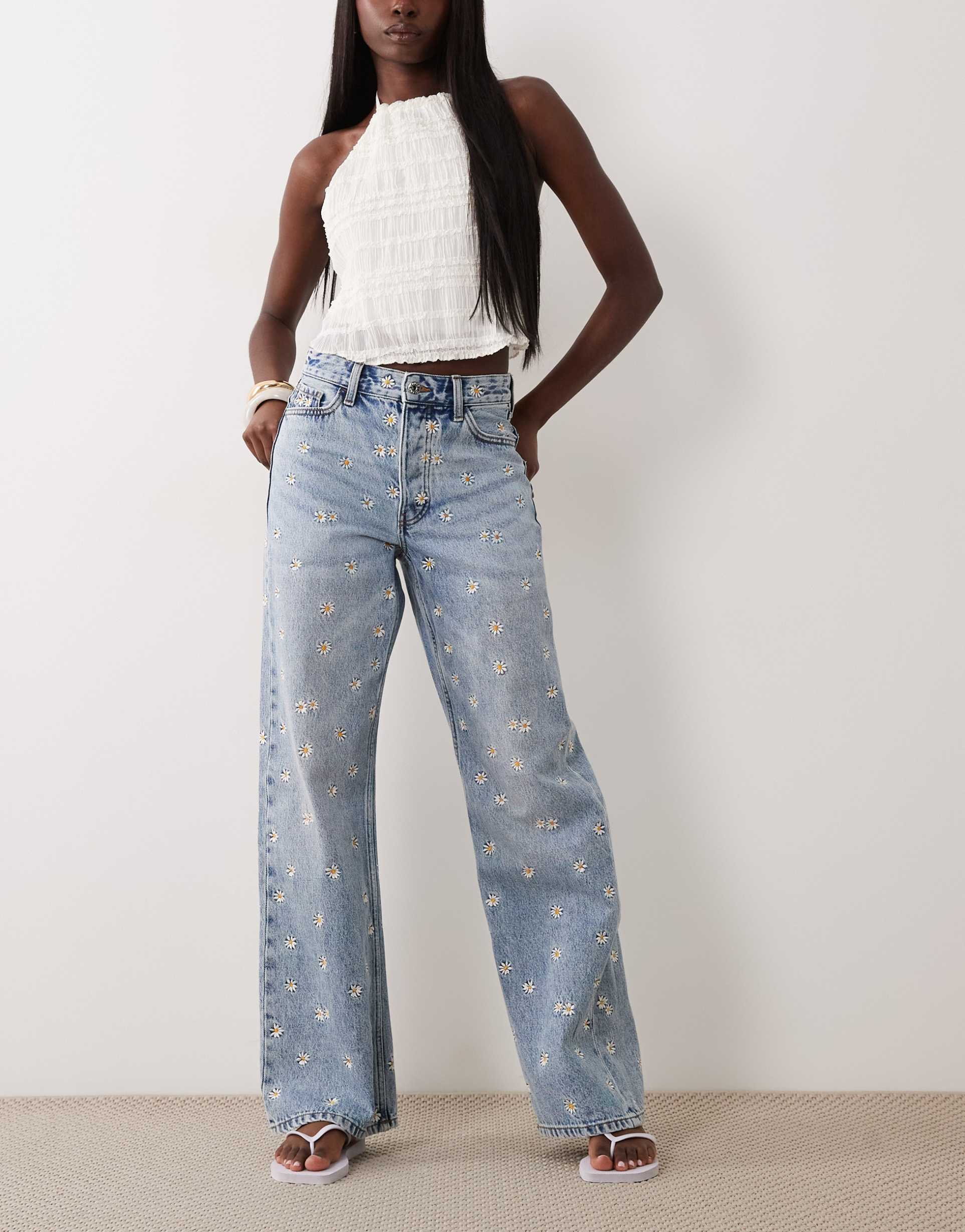 river island daisy embroidered relaxed straight jeans in midwash blue
