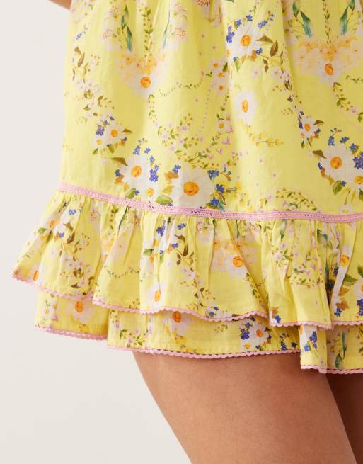 River Island daisy print shirred mini dress in yellow, 3 of 4