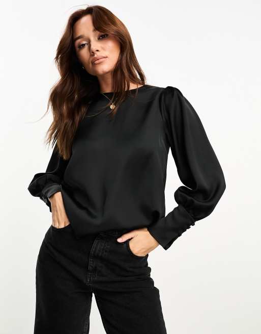 River Island deep cuff blouse in Black | ASOS