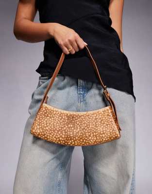 River Island Deer Print Pony Hair Curved Shoulder Bag In Brown