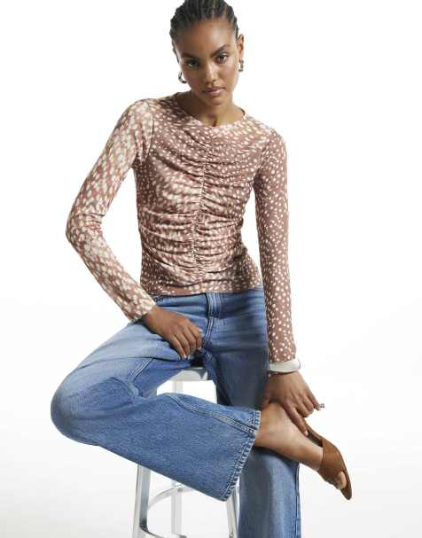 River Island Deer print ruched front top in beige - view 1