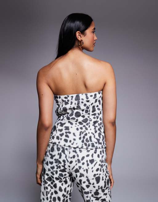 River Island denim animal print bandeau top in white, 4 of 4