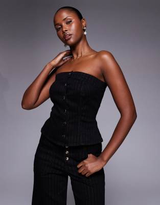 River Island Denim Bandeau Striped Top In Black