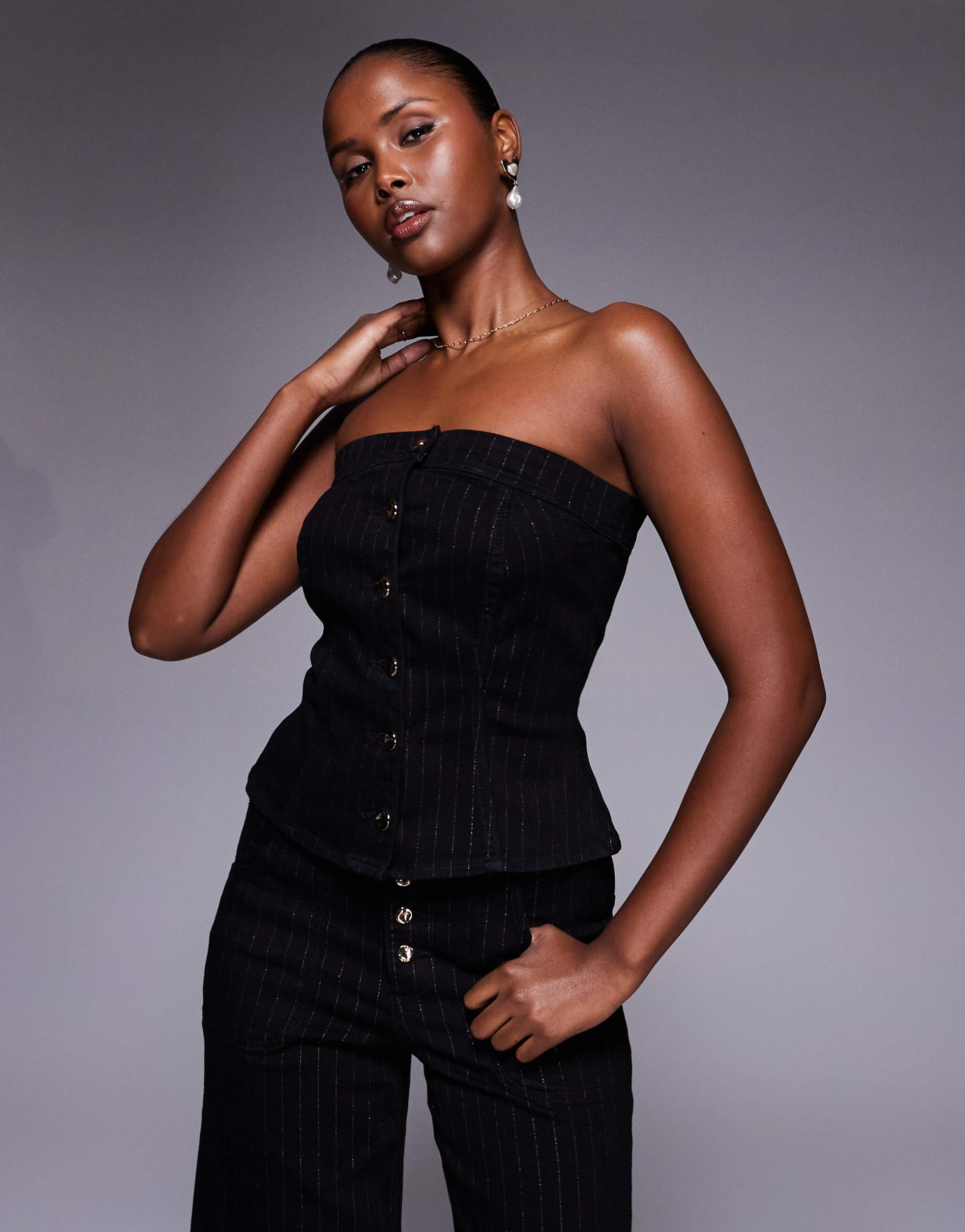 river island denim bandeau striped top in black