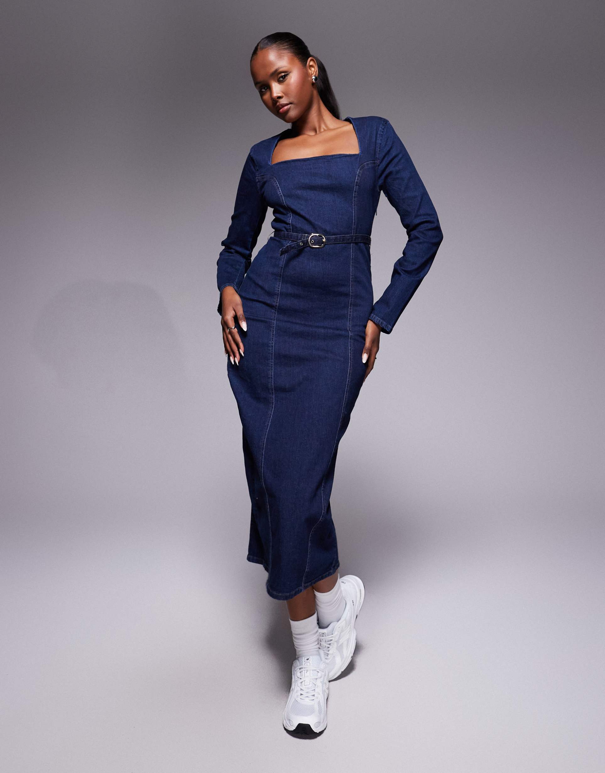 river island denim belted bodycon dress in dark blue