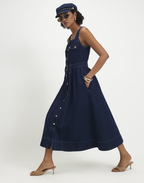 River Island Denim belted pocket longline midi dress in denim - dark - view 1