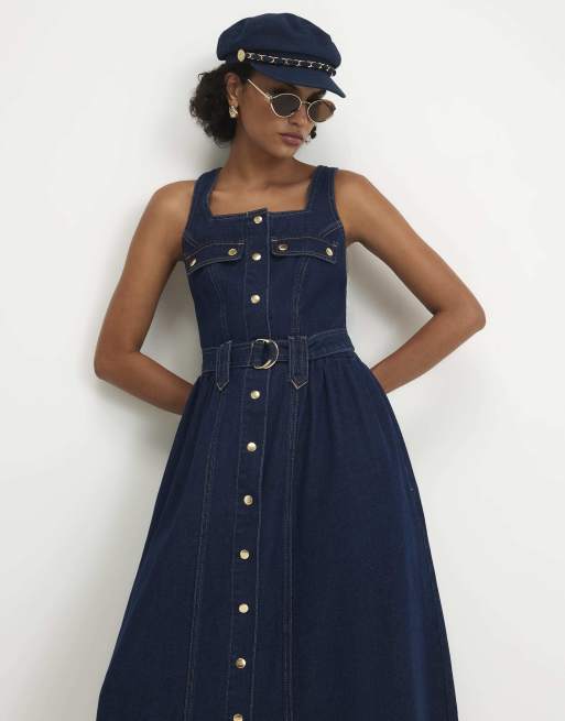 River Island Denim belted pocket longline midi dress in denim , 3 of 4