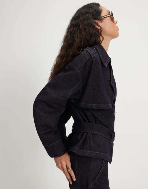 River Island Denim belted trench coat in denim - dark, 3 of 4