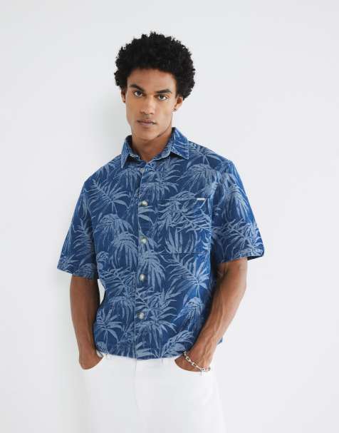 River Island Denim boxy fit palm print shirt in denim - medium - view 1