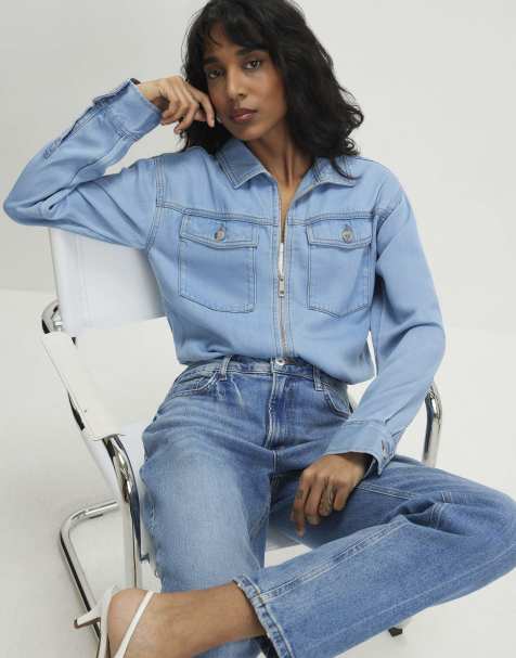 River Island Denim bubble hem bomber jacket in denim - light - view 1
