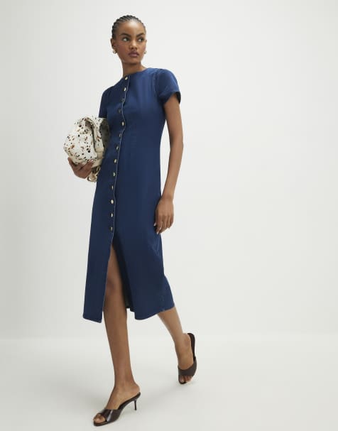 River Island Denim button cap sleeve midi dress in denim - dark - view 1