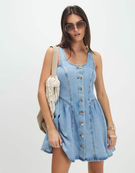 River Island Denim button front mini dress in denim - light - view 1