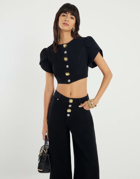 River Island Denim button up crop top in black
