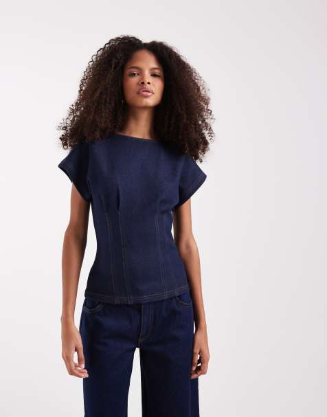 River Island denim cinch waist detail top in dark blue