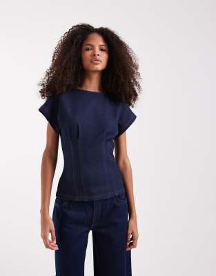 River Island denim cinched waist detailing top in dark blue blue - dark 10590₽