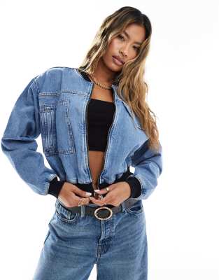 River Island Denim Cropped Jacket In Blue