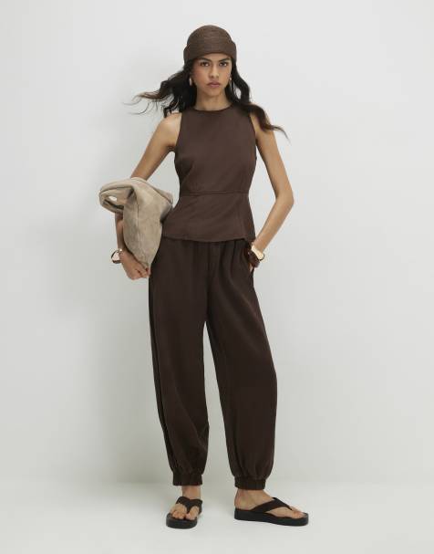 River Island Denim cuffed barrel leg trousers in brown - view 1