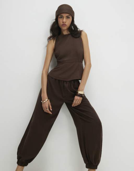 River Island Denim cuffed barrel leg trousers in brown, 2 of 4
