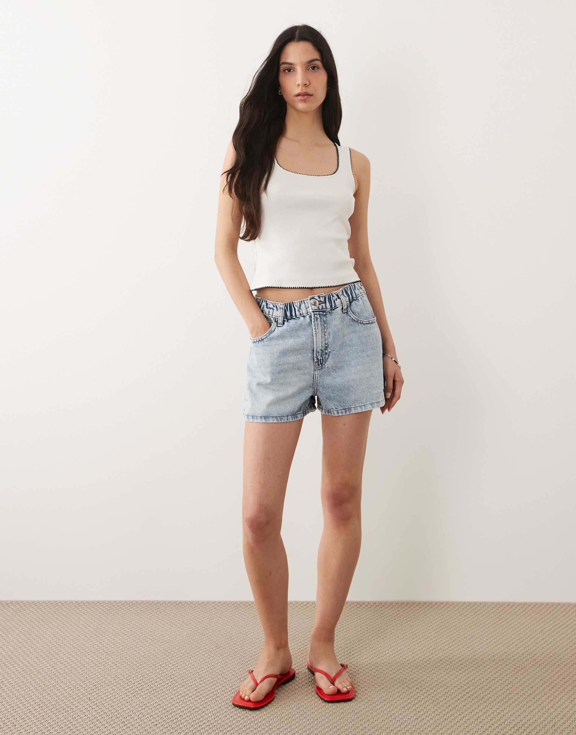 river island denim elasticized waist shorts in light denim