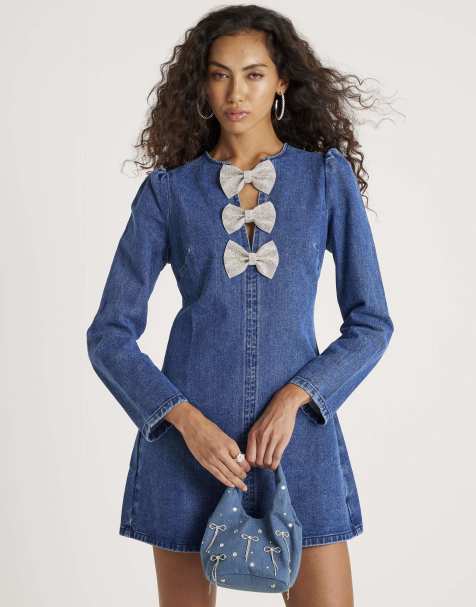 River Island Denim embellished bow mini dress in denim - dark - view 1