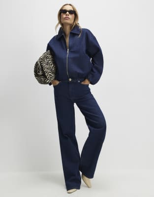 River Island Denim Gathered Hem Bomber Jacket In Blue