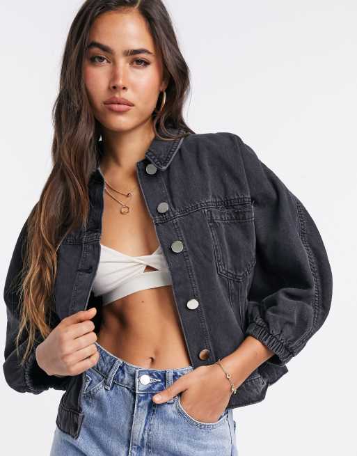 River Island - Denim jack met aangerimpelde taille en ballonmouwen in zwart, 3 van 4