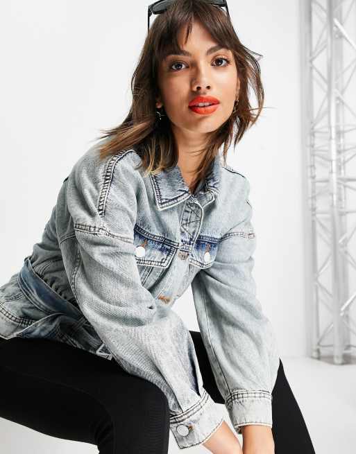 River Island - Denim jack met peplum zoom en riem in middenblauw