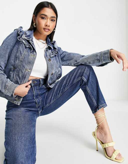 River Island - Denim jack met ruches in middenblauw